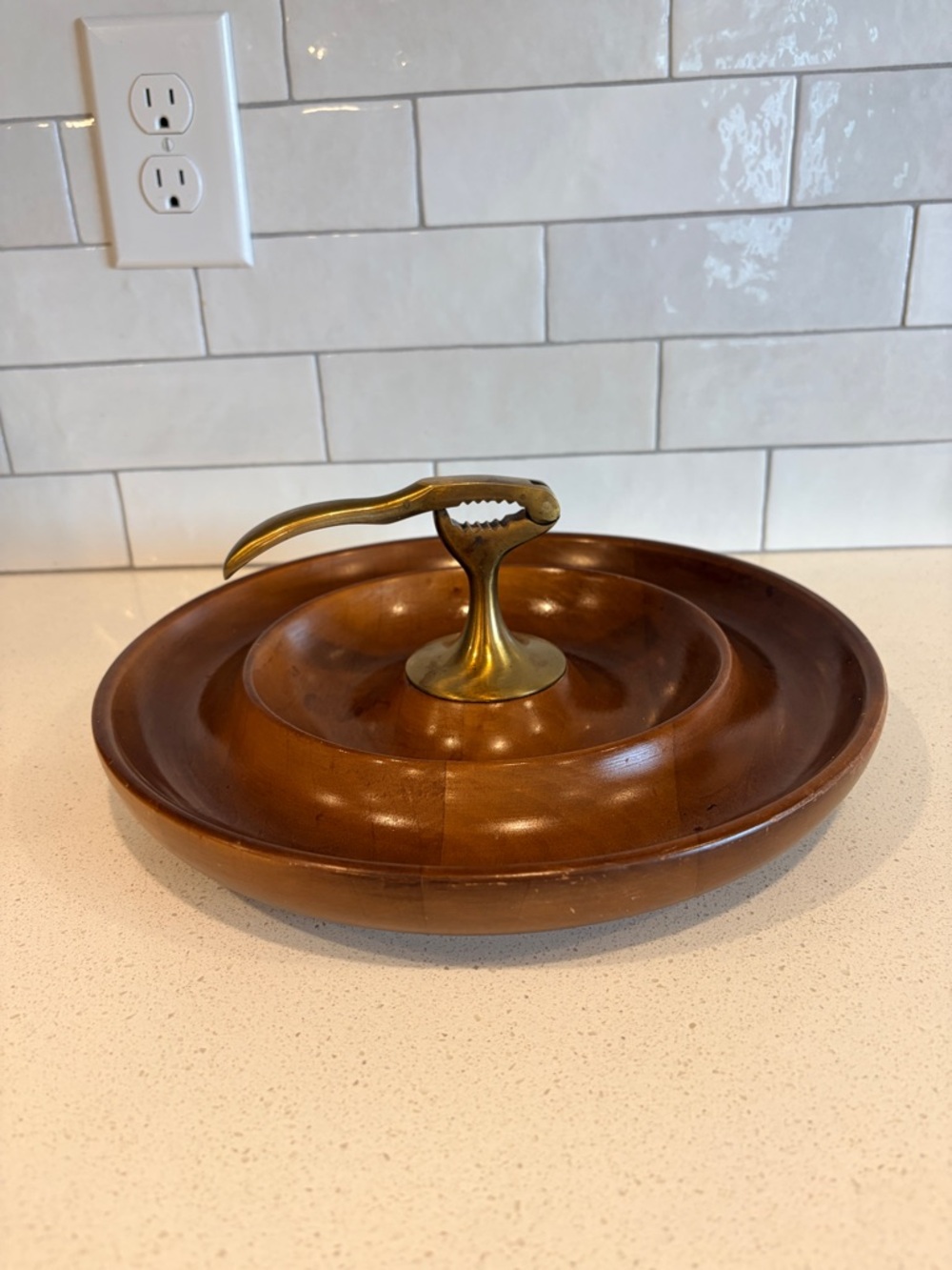 Vtg MCM Wood & Brass Nutcracker Bowl Tray Serving Plater Charcuterie Nuts c.1970